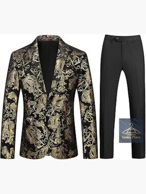 Men's Slim Fit 2 Piece Tuxedo Suit Shiny Prom Blazer Jacket Pants